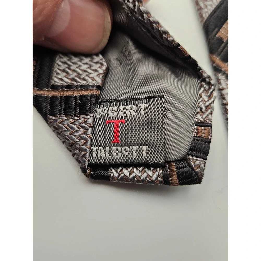 Robert‎ Talbott Best of Class Nordstrom Silk Tie Brown Silver Geometric Grid USA